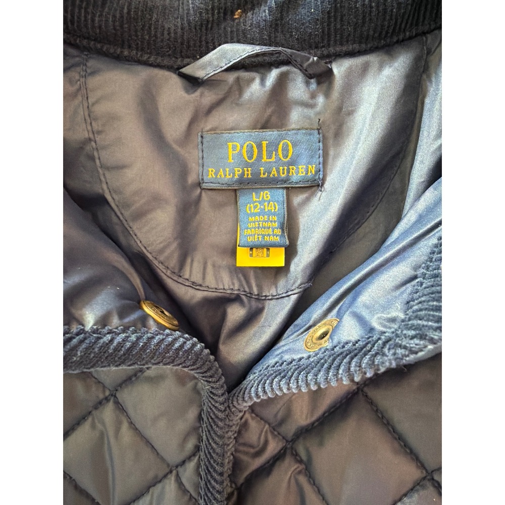 Polo Ralph Lauren Kids Navy Blue Quilted Barn Jacket Corduroy Collar L 12-14 - Picture 3 of 7